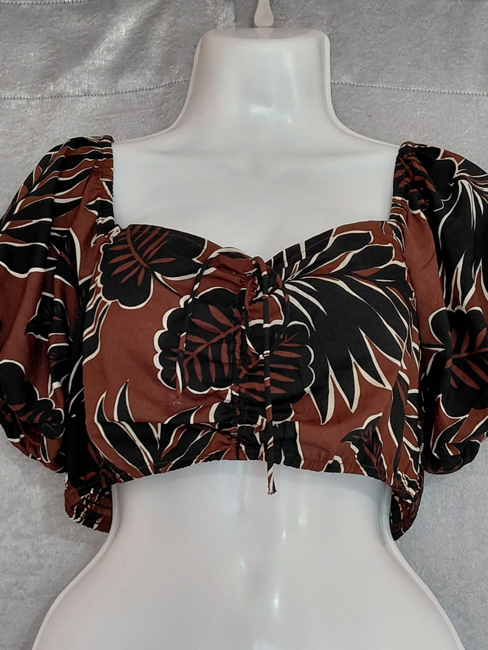 indulge Crop Top Bohemian Brown Tropical Summer Resort Puff-Sleeve Boho Top